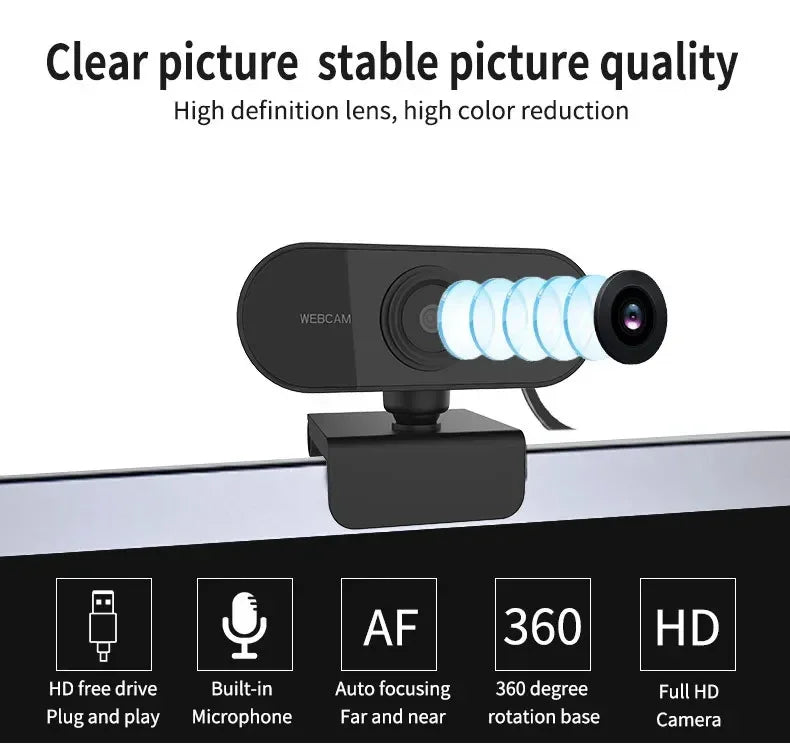 Black 1080P HD USB webcam with built-in mic, auto-focus, and a 360-degree rotating monitor clip.