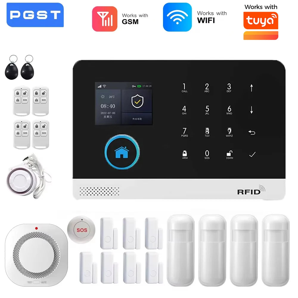 Smart home alarm kit with black and white touchscreen console, motion sensors, door contacts, and remote fobs.