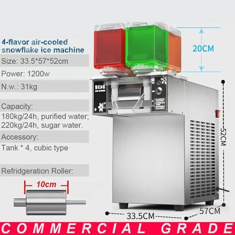 Stainless steel commercial bingsu snowflake ice machine with four colourful flavour tanks and a cooling roller.