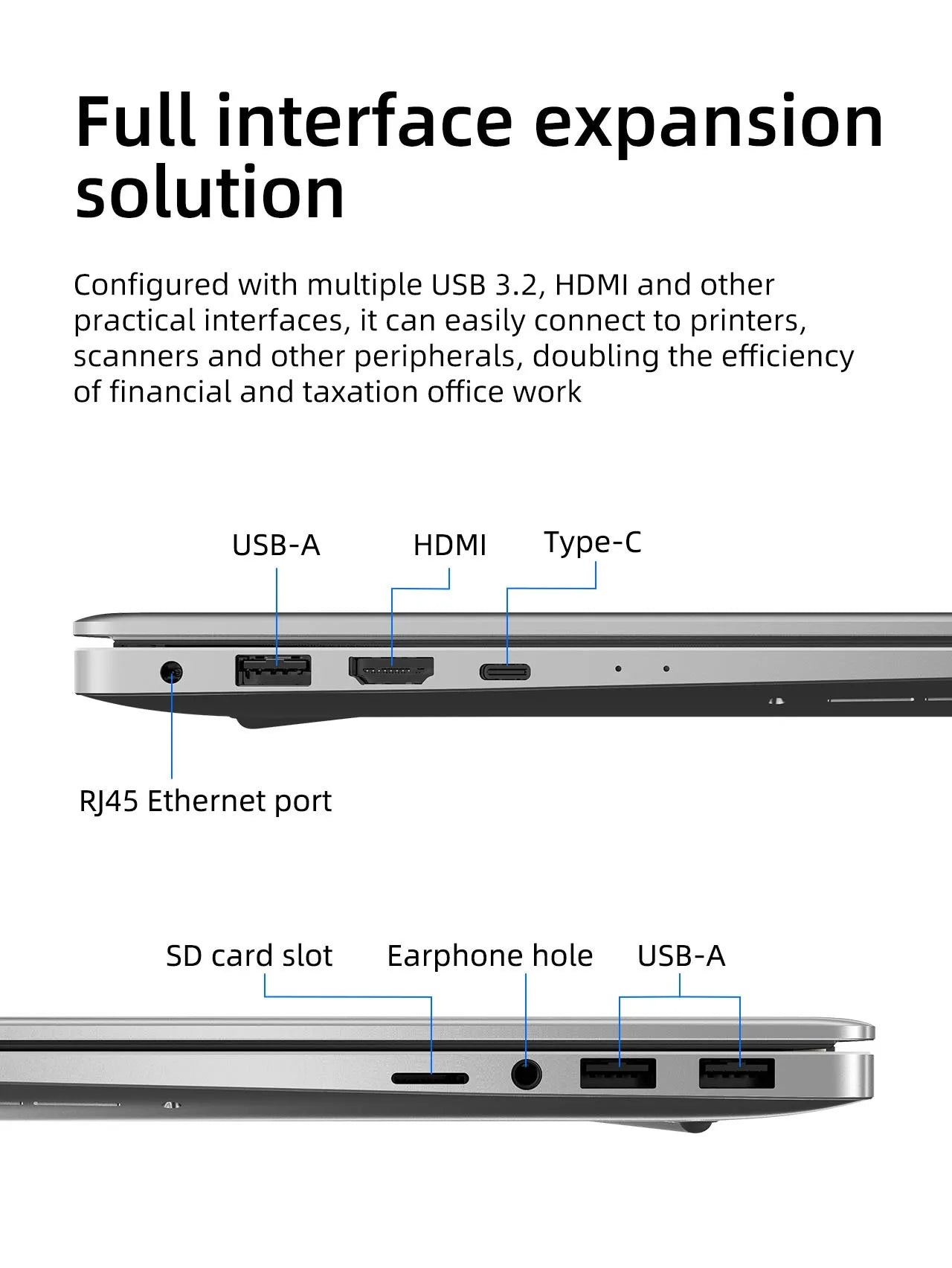 Side view of a slim silver laptop showing various ports, including USB, HDMI, Type-C, Ethernet, and SD card slot.