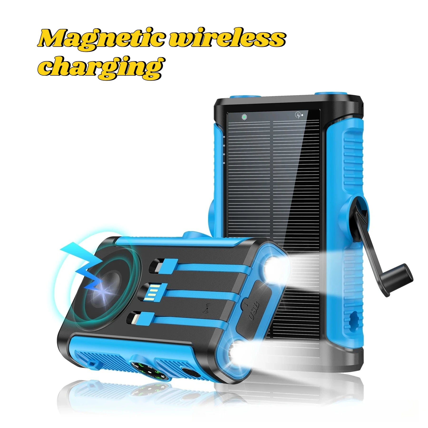 Black and blue solar power bank with built-in magnetic wireless charging, hand crank, torches, and charging cables.