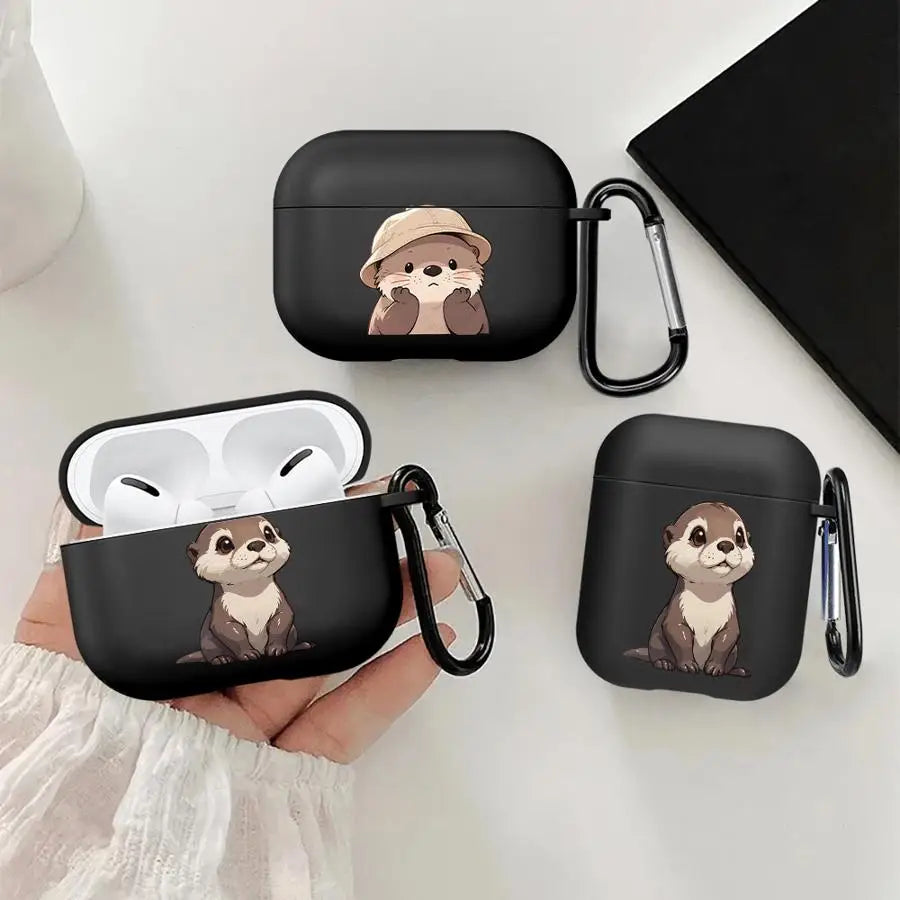Black silicone AirPods cases with cute otter designs and metal carabiner clips, compatible with AirPods Pro and standard.