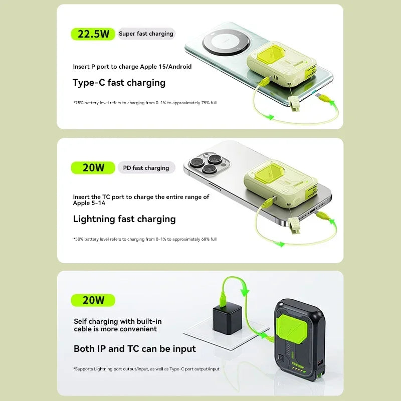 Compact magnetic power bank with integrated phone stand, featuring fast-charging built-in cables in green and black.