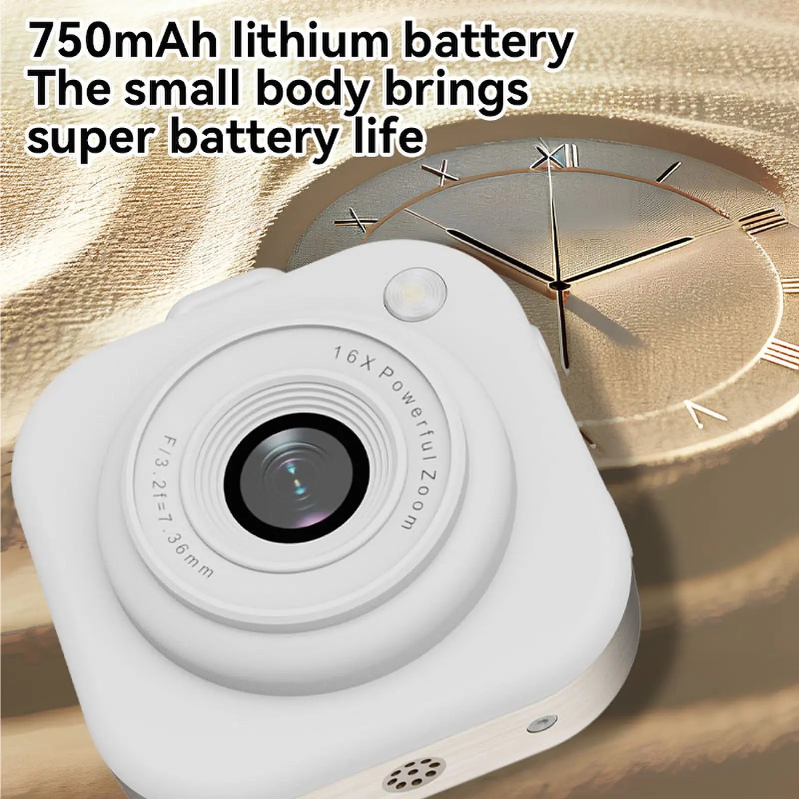 White plastic digital camera with a 750mAh lithium battery and 16x zoom lens on a gold textured background.