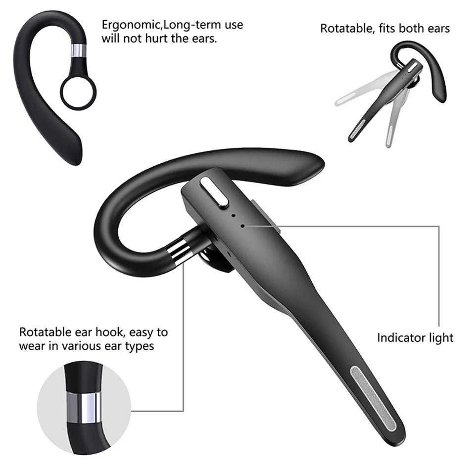 Black wireless Bluetooth earpiece with an ergonomic, rotatable hook for left or right ear use and indicator light.