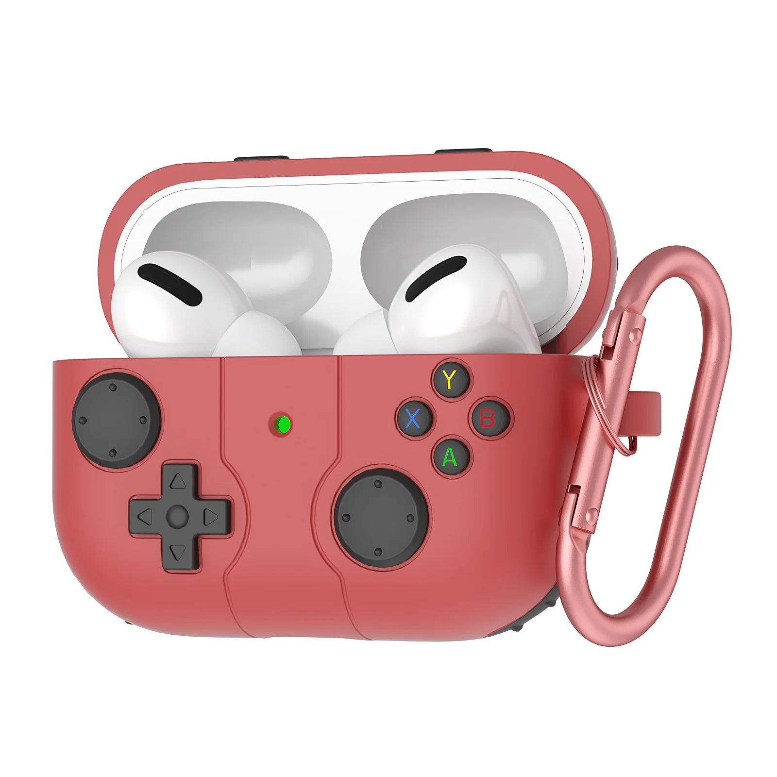 Red silicone gaming controller case for AirPods Pro, featuring buttons and a matching carabiner clip.