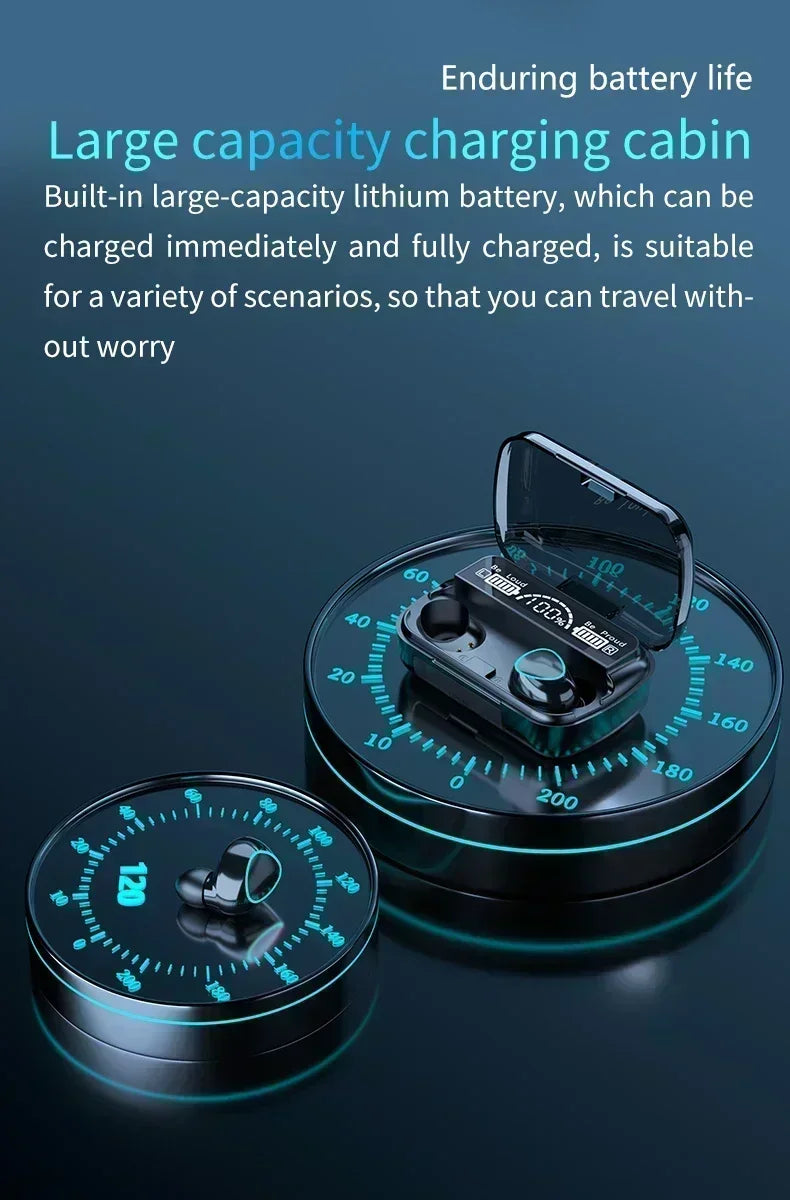 Black wireless earbuds with a charging case featuring a digital battery display, set on circular glowing light bases.