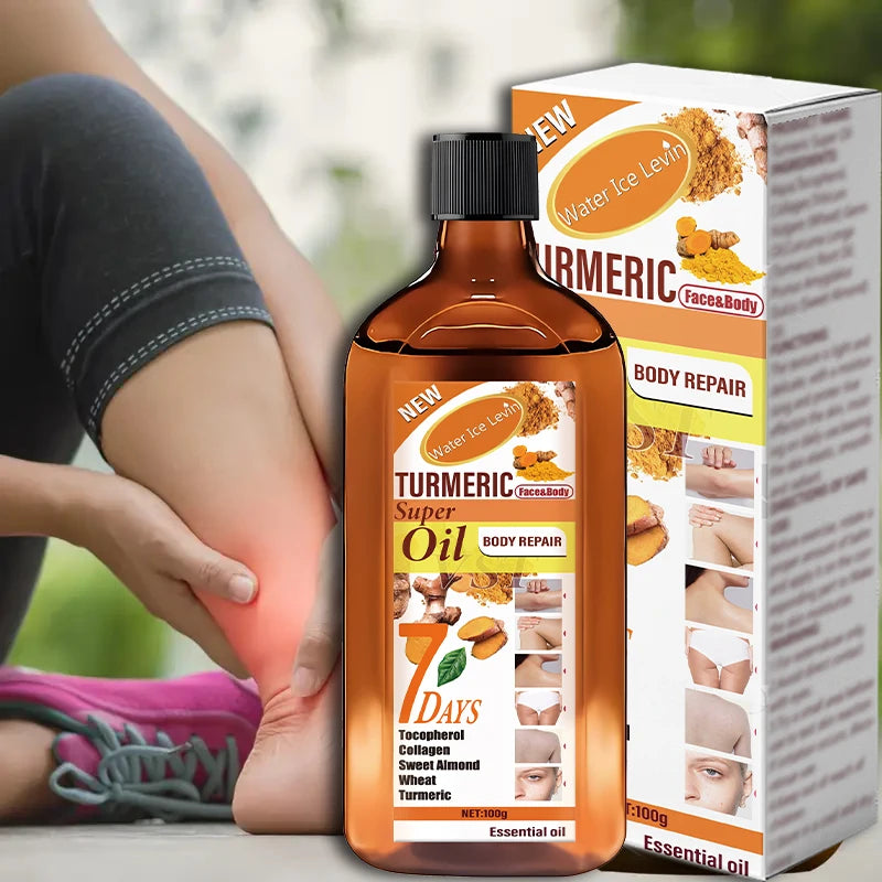 A bottle of amber turmeric essential oil for body repair, featuring nourishing ingredients like collagen and almond oil.