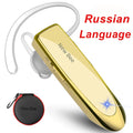 Gold wireless Bluetooth headset with ear hook, built-in microphone, and a small black protective carry case.