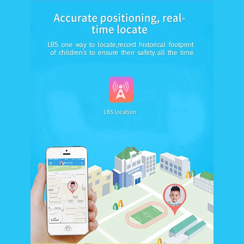 A hand holds a smartphone displaying a map interface showing a child’s location near a school for real-time tracking.