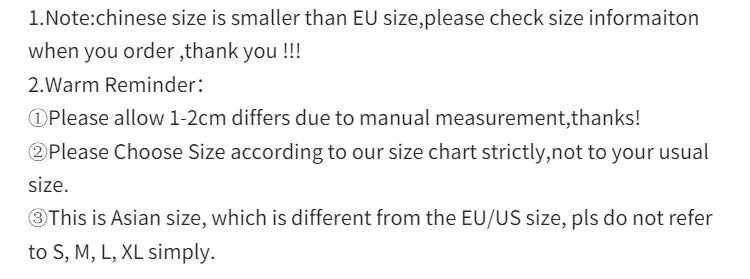 Text providing important sizing guidance, advising customers to use the provided chart as Asian sizes differ from EU.
