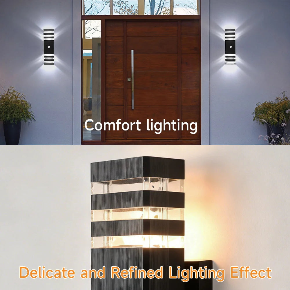 Modern black LED outdoor wall lights with motion sensors, featuring a sleek, striped design for ambient home lighting.