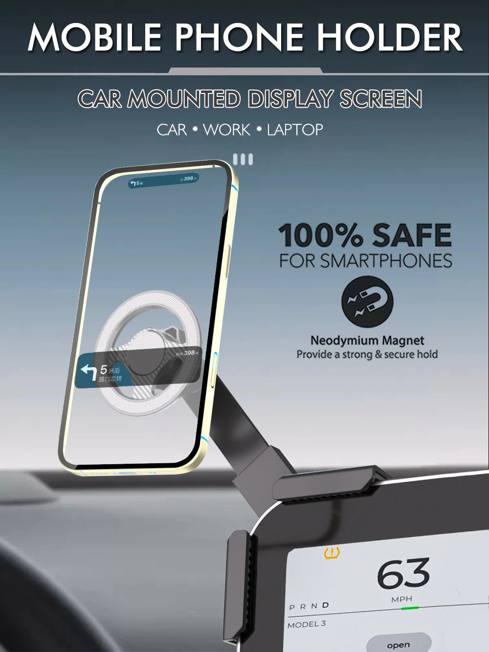 Magnetic black car phone holder mounted on a display screen, holding a smartphone in a vertical, sleek modern design.