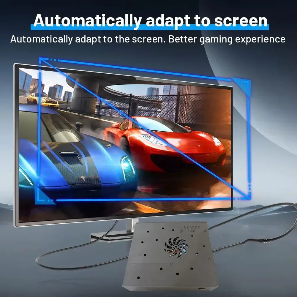 Grey X8 Pro game console connected to a monitor displaying a racing game with blue screen-fit overlay.