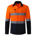 Men's high-visibility long-sleeve work shirt in orange and navy with reflective silver tape and button-up front.