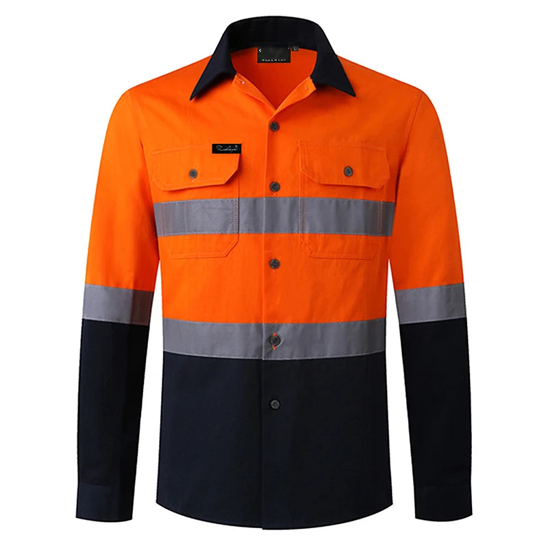 Men's high-visibility long-sleeve work shirt in orange and navy with reflective silver tape and button-up front.