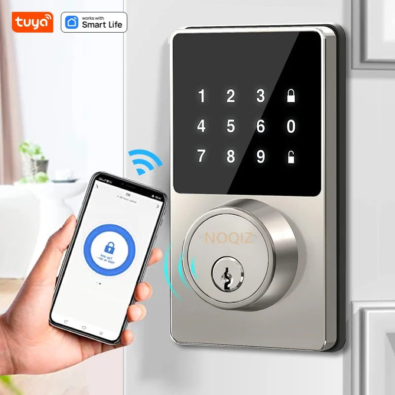 Silver smart deadbolt lock with illuminated touchscreen keypad and a smartphone displaying an app unlock screen.