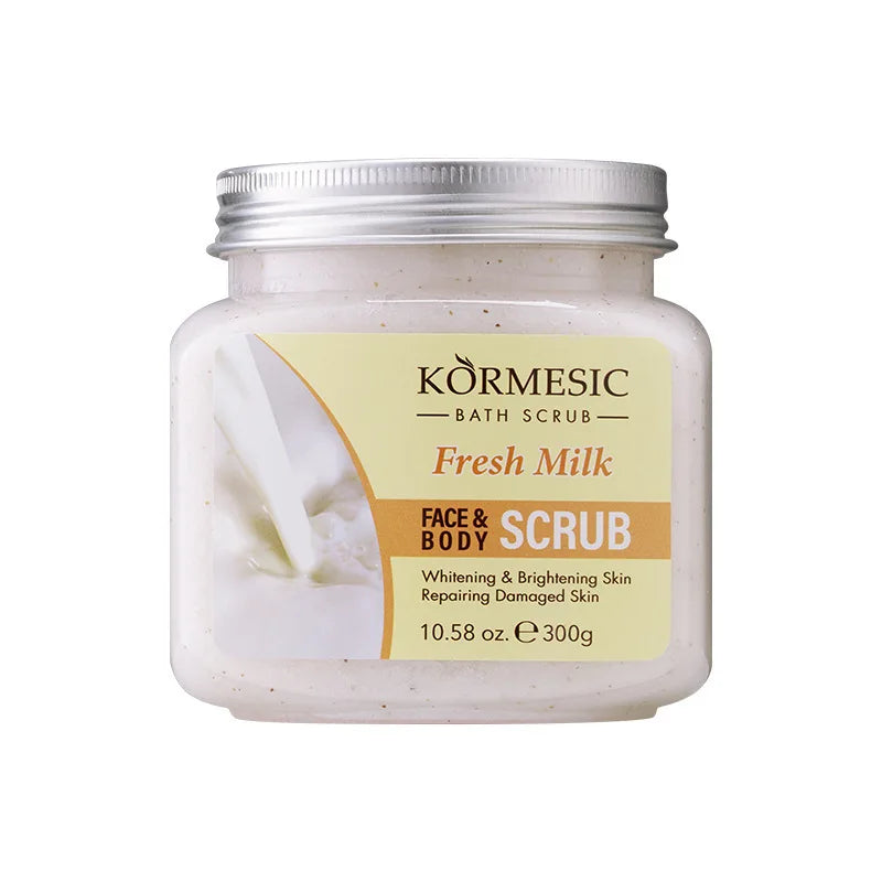 A 300g jar of fresh milk face and body scrub in a pale, textured cream consistency with a silver screw-top lid.