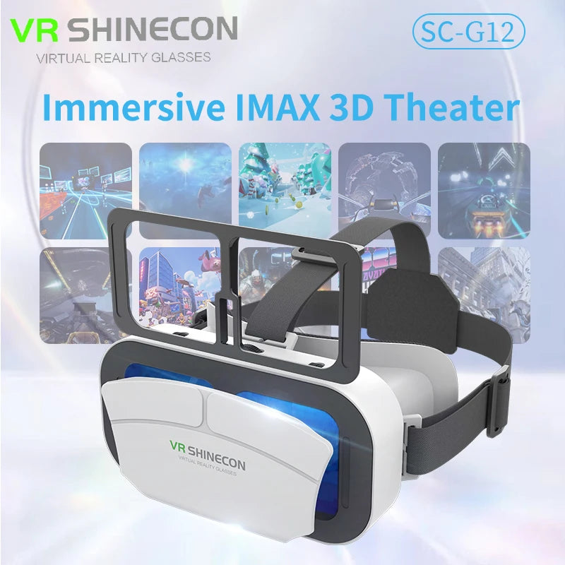 White and black smartphone VR headset with an adjustable head strap and blue interior lenses for immersive 3D viewing.