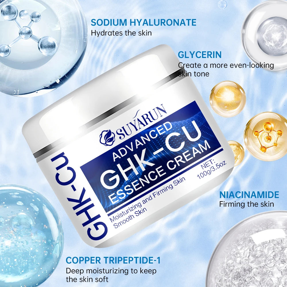 White and blue jar of GHK-Cu firming and moisturizing face cream surrounded by ingredient bubbles on a blue background.