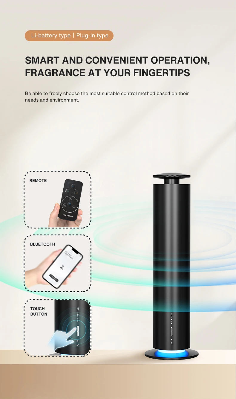 Sleek black cylindrical aroma diffuser with touch, remote, and Bluetooth app control and blue base lighting.