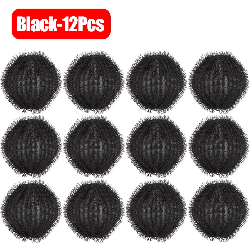 A pack of 12 round, black textured hair bun makers or sponges for hairstyling.