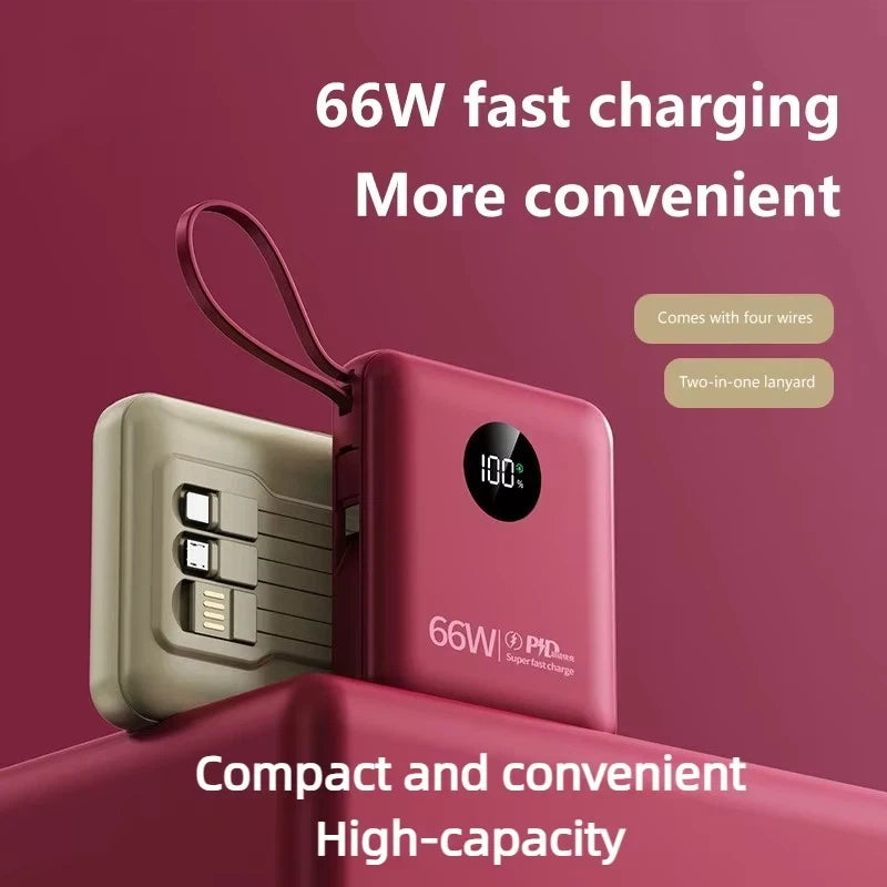Red and beige 50,000mAh portable power bank with digital display, built-in cables, and a convenient carry lanyard.