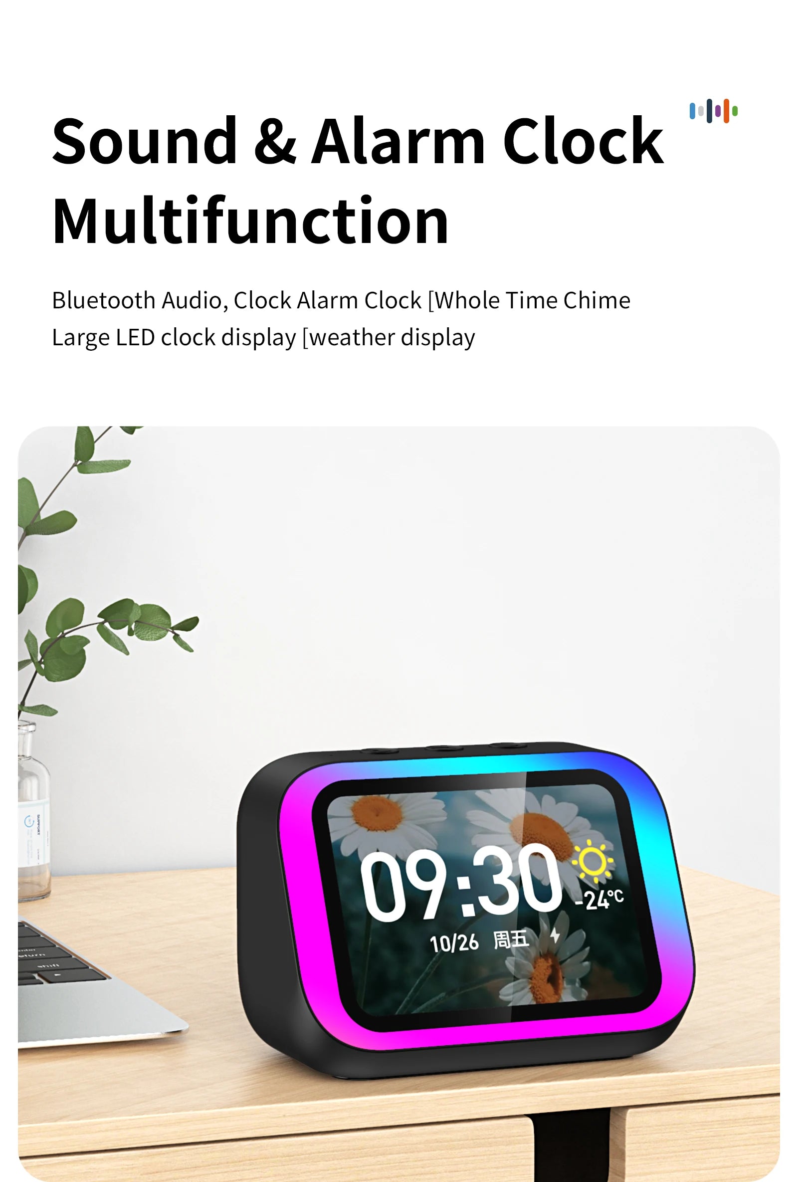 Black smart speaker with LED display, showing time, date, and weather, framed by vibrant, colourful glowing lights.