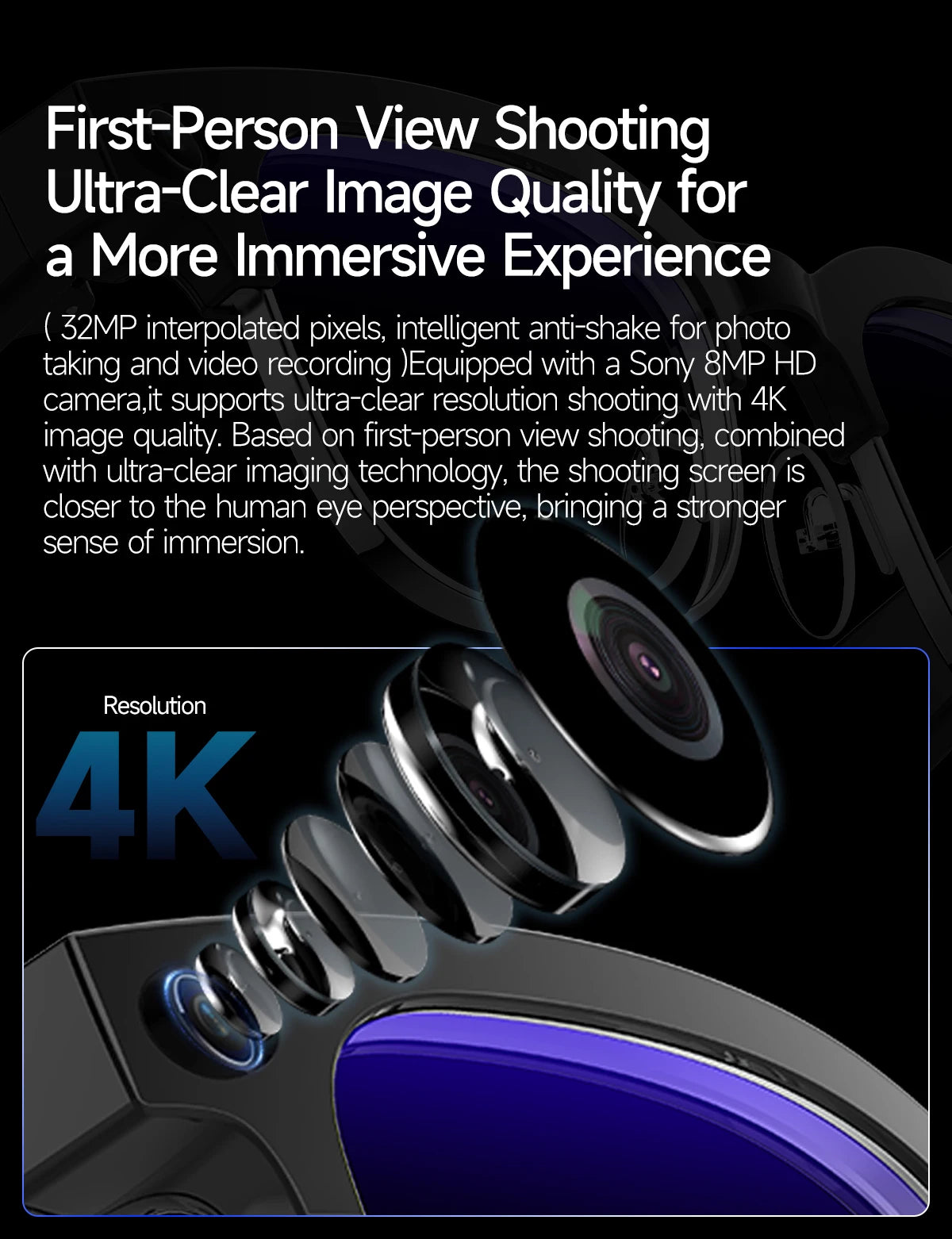Sleek black smart glasses featuring a high-definition 4K camera lens for immersive first-person video recording.