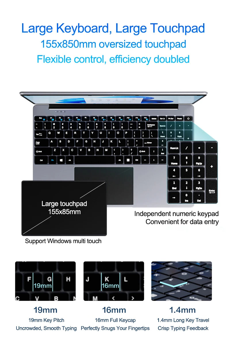 Silver 15.6-inch laptop with a spacious touchpad, full keyboard, independent numeric keypad, and comfortable key spacing.