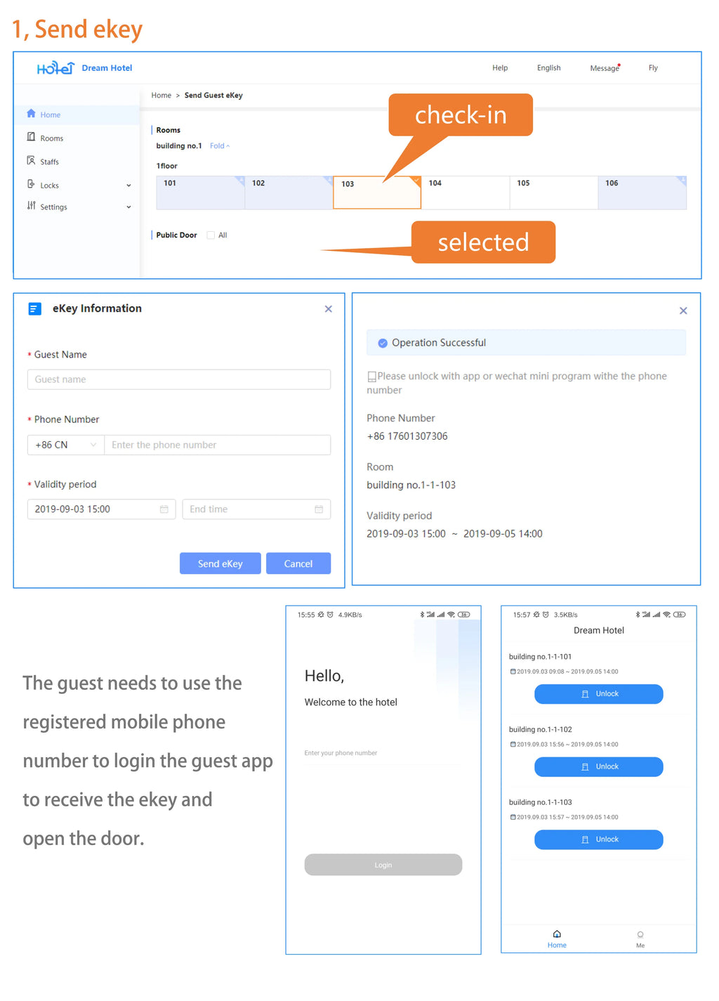 Digital interface showing hotel software for issuing guest eKeys, including room selection and mobile app login screens.