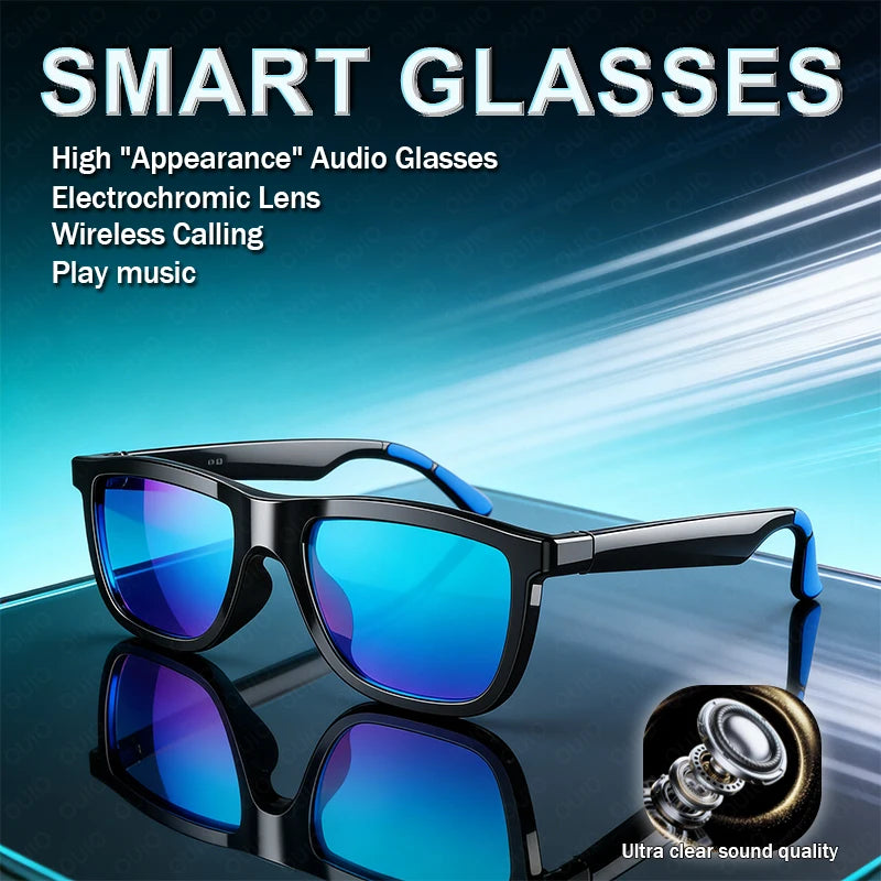Black smart Bluetooth glasses with vibrant blue reflective lenses and blue temple tips, featuring hands-free calling.
