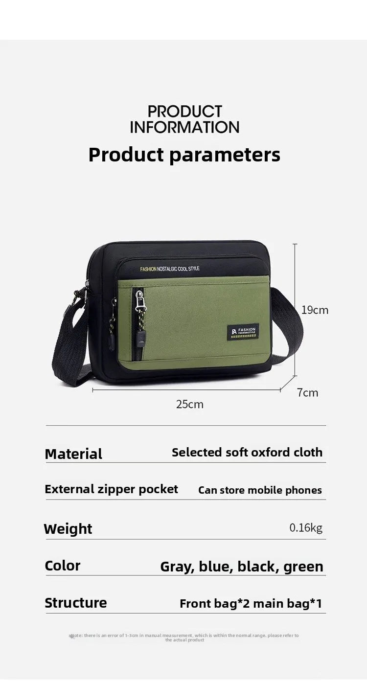Black and olive green rectangular men's crossbody bag with an adjustable strap, zip pockets, and soft fabric finish.