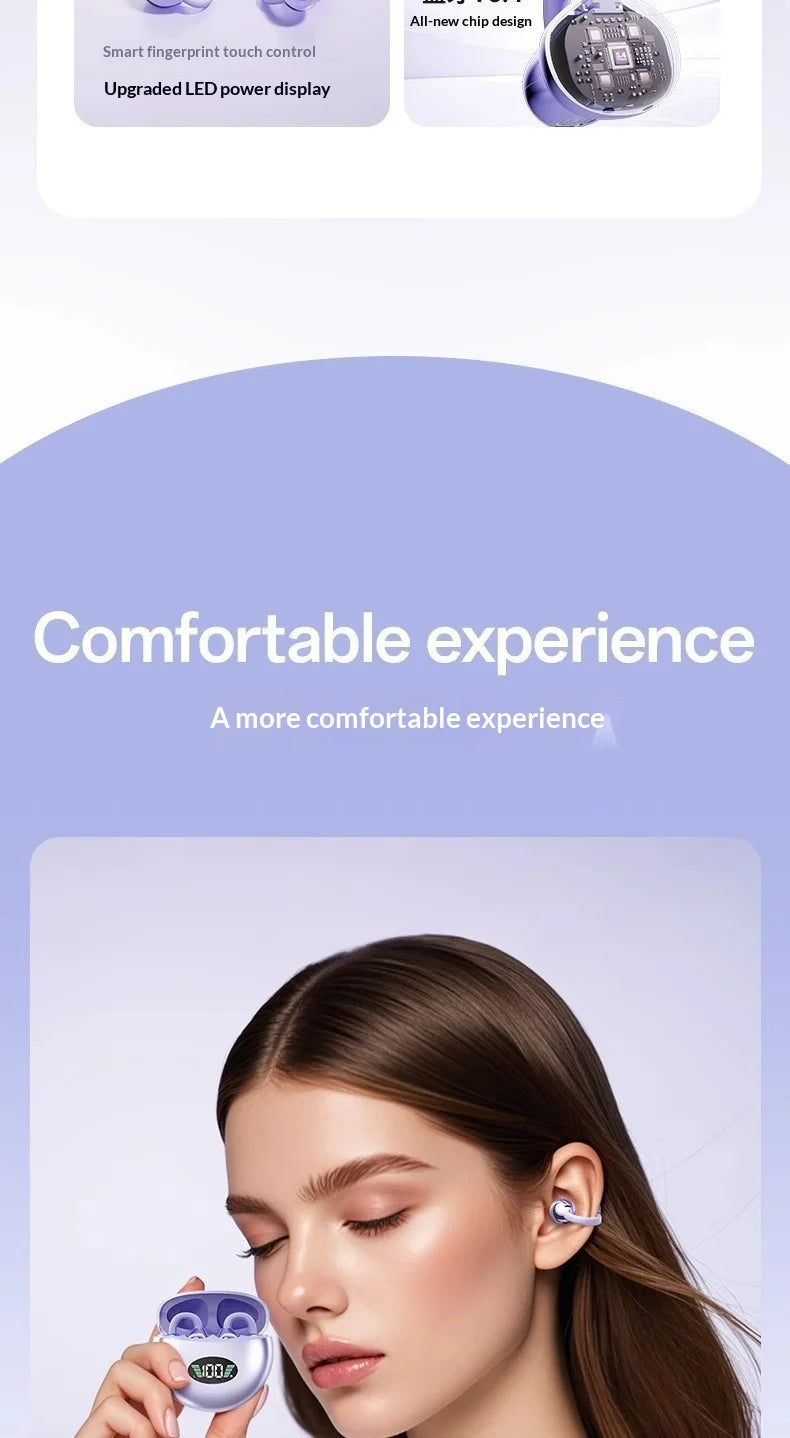 A woman wearing purple wireless earbuds with a matching LED display charging case. Design features a compact, sleek look.