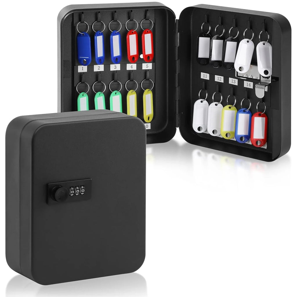 Black metal wall-mounted key safe box with combination lock and 20 numbered multi-colored key tags.