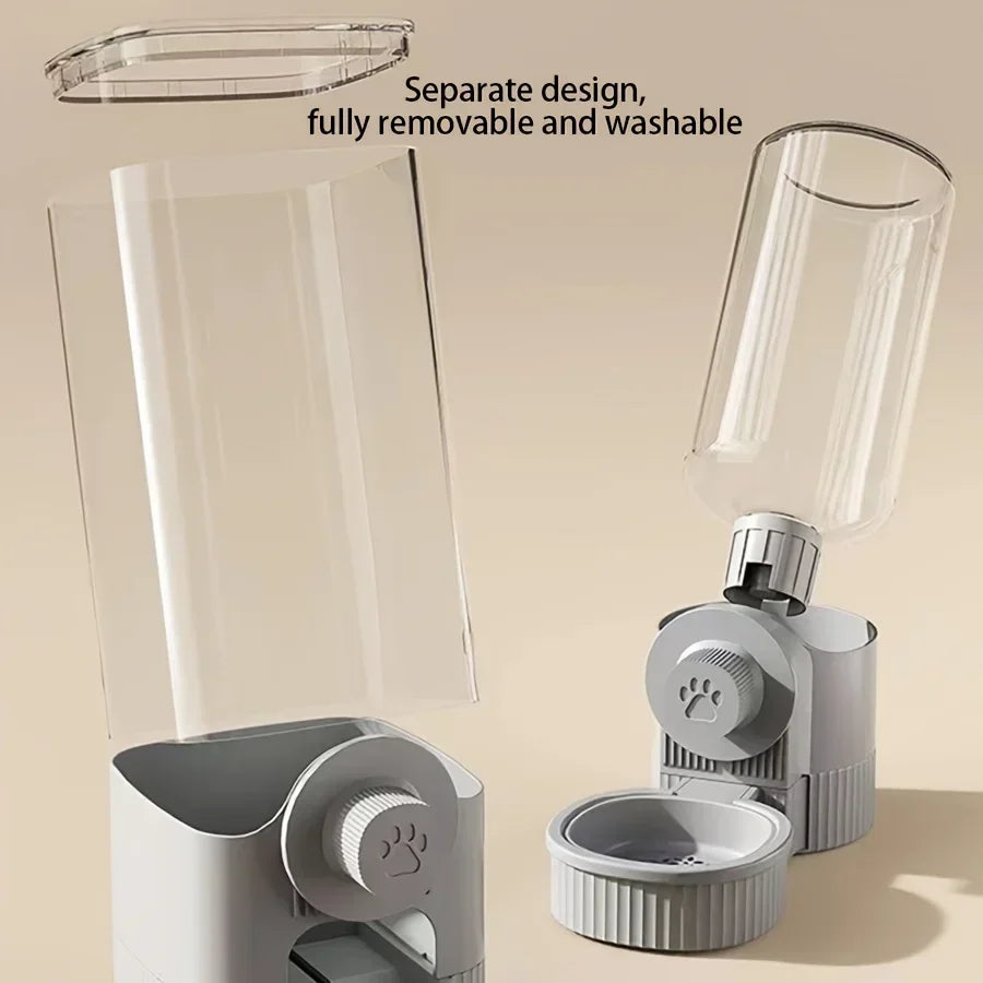 Grey pet food dispenser with a clear, detachable container, paw print detail, and washable design on a tan background.