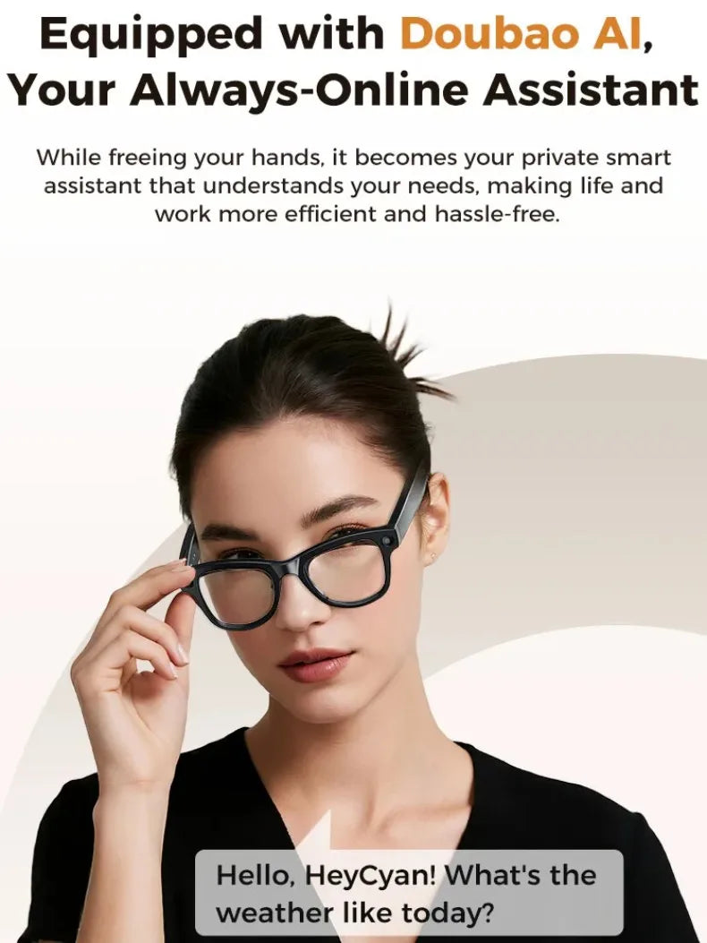 A woman wearing sleek black smart glasses with photochromic lenses featuring built-in audio and recording technology.