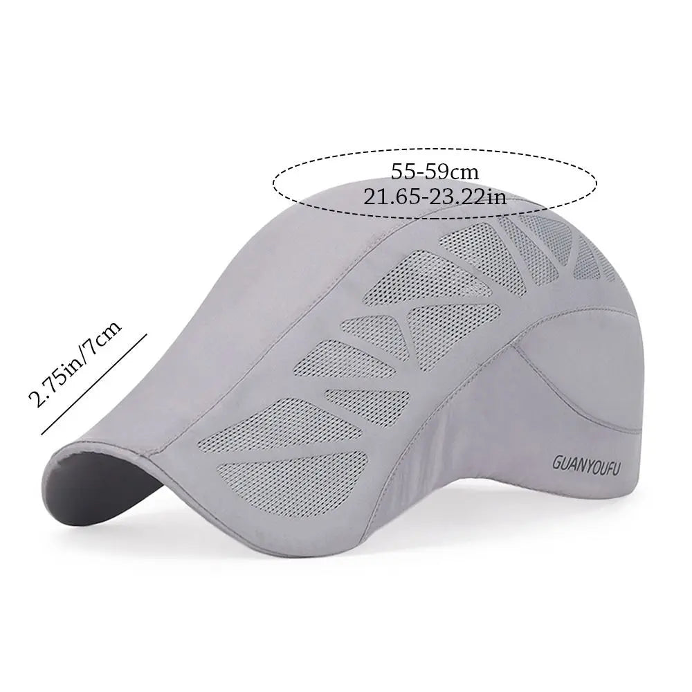 Light grey men’s flat cap with breathable mesh cut-out panels and a curved peak. Adjustable fit (55–59cm).