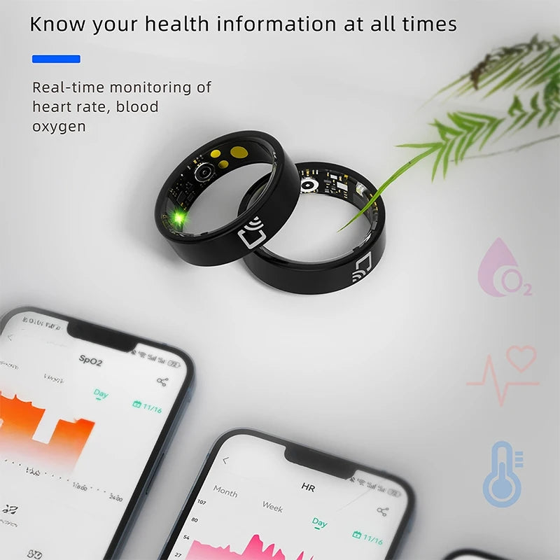 Two sleek black smart rings with inner sensors and NFC icons, shown alongside smartphones displaying health data charts.