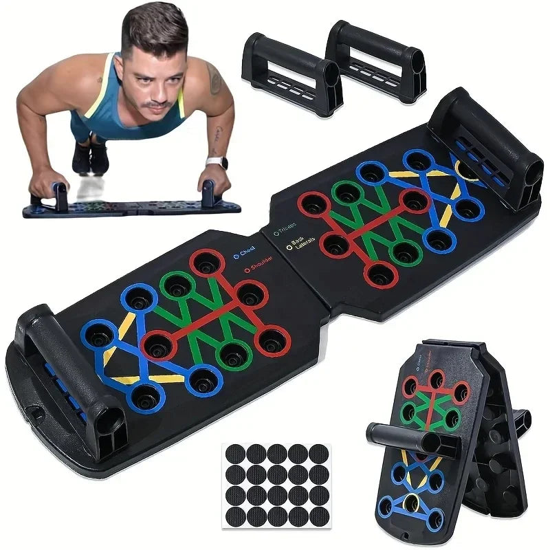 Black multi-function push-up board with colour-coded workout slots, two handles, and non-slip adhesive pads.