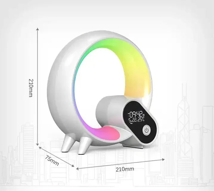 Circular white smart wake-up light with a vibrant rainbow LED ring, digital clock display, and dimensions shown.