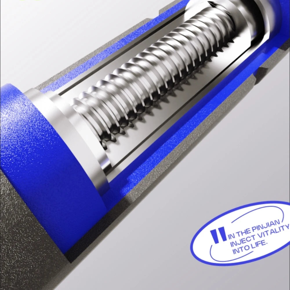 Close-up of a blue and grey mechanical screw mechanism with deep, sharp threading.
