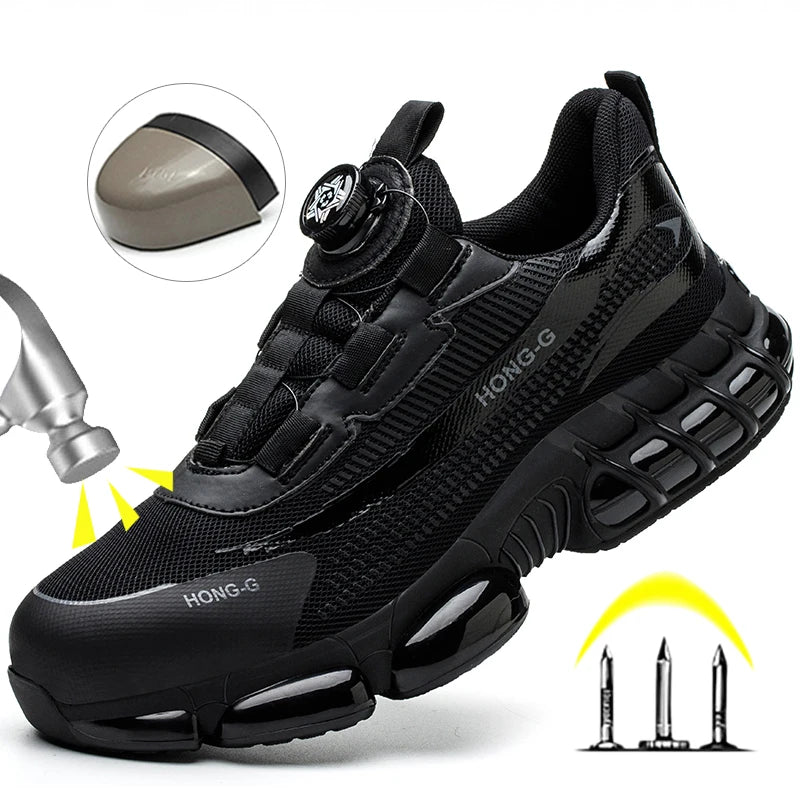 Black men's steel-toe work trainer with a dial lace system, puncture-resistant sole, and impact-protected toe.