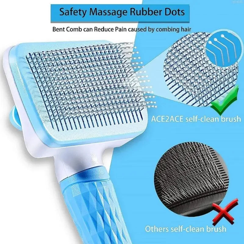 Blue and white self-cleaning pet grooming brush with angled wire bristles featuring protective rubber tips.