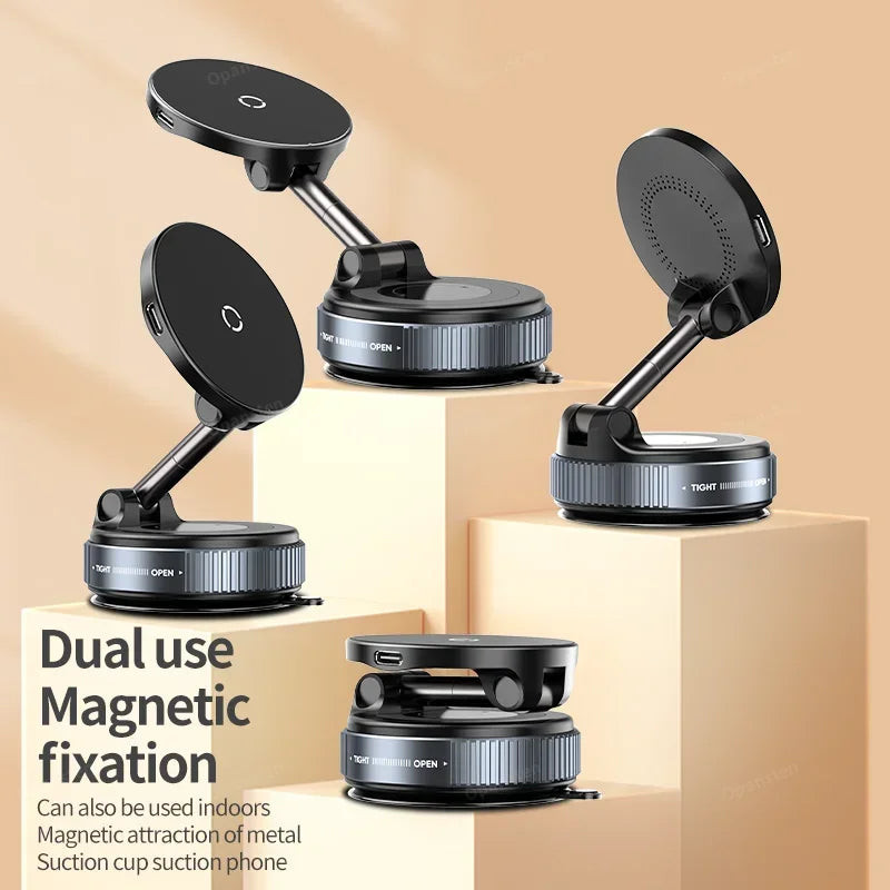 Black magnetic phone mount with an adjustable arm and circular suction base, displayed in multiple configurations.
