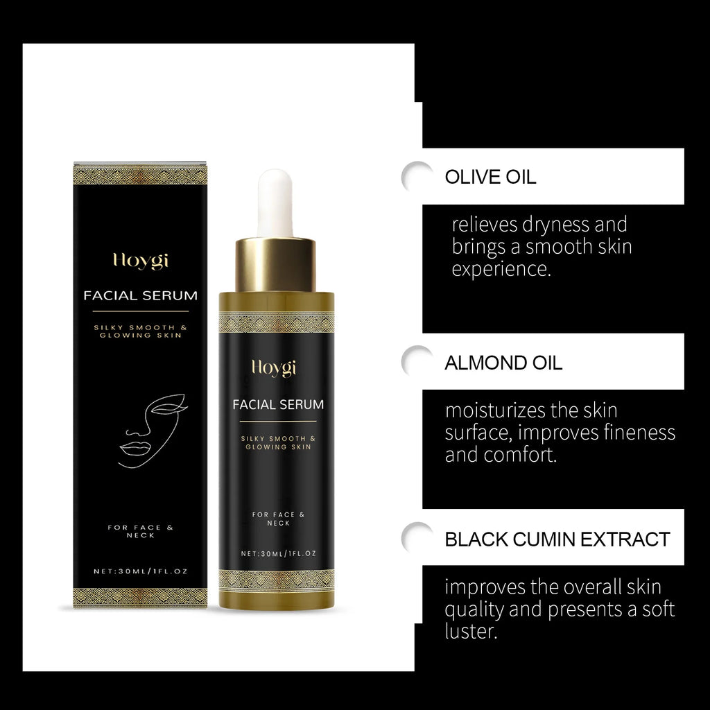 Black and gold facial serum dropper bottle and matching box, enriched with olive oil, almond oil, and black cumin.