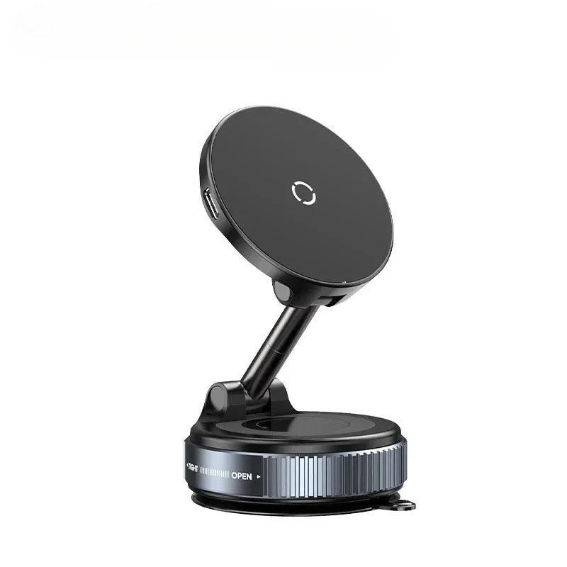 Black magnetic phone mount for cars with an adjustable arm and a circular, textured base with a suction cup.