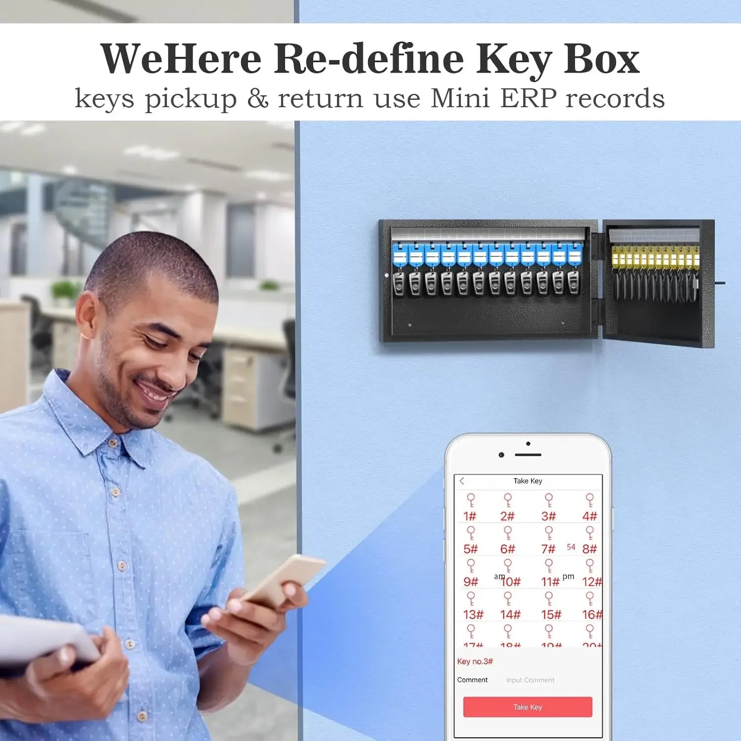Black metal wall-mounted key box with digital smart tracking app on a smartphone for key management.