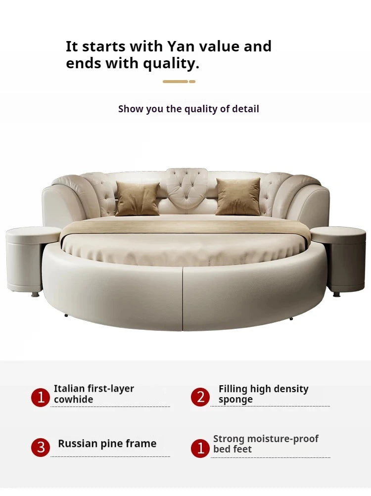 Luxury round double bed in cream leather with a button-tufted headboard and matching side tables.