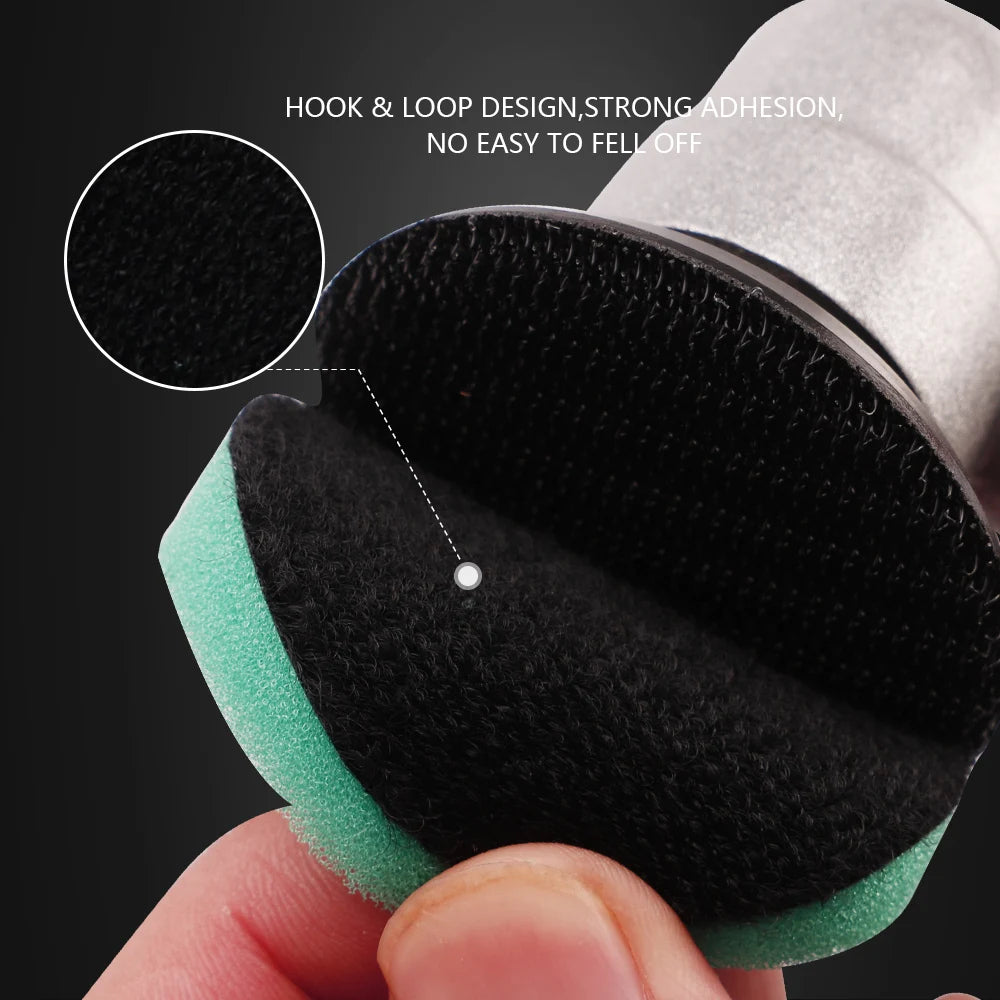 Green foam polishing pad with a black hook and loop backing for secure attachment.